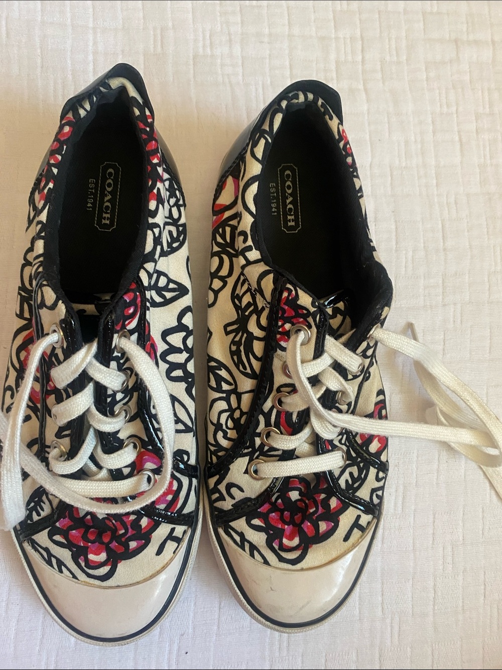 COACH Cream Canvas Sneakers with Black and Red Floral Motif - Picture 2 of 9